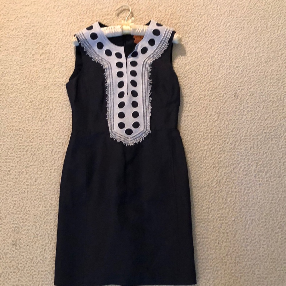 Tory Burch sleeveless navy dress with white lace